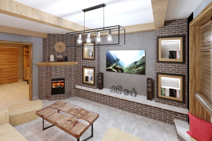 Projekt wnętrza dużego pokoju w stylu loft